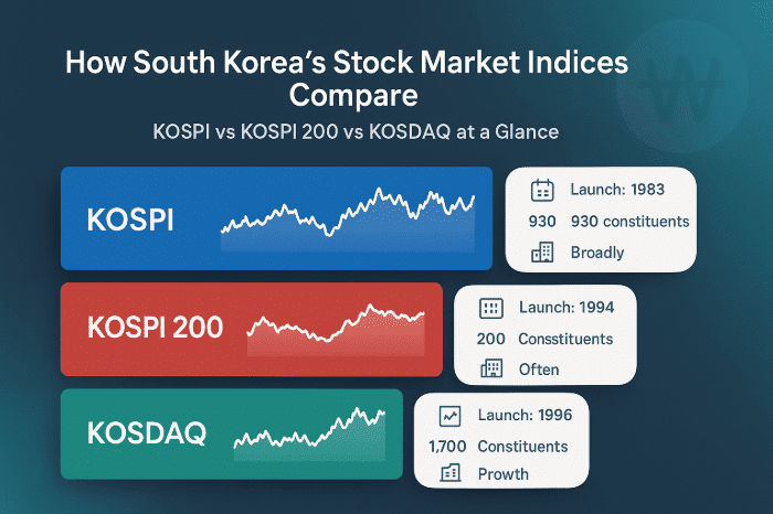 Comparison graphic of KOSPI, KOSPI 200, and KOSDAQ showing index launches, constituents, and growth focus in South Korea